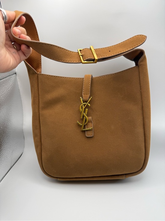 Handbags - Designer Inspired Brown Suede Shoulder Bag with Gold Logo